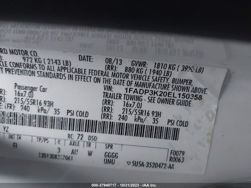 2014 Ford Focus Se VIN: 1FADP3K20EL150358 Lot: 37940717