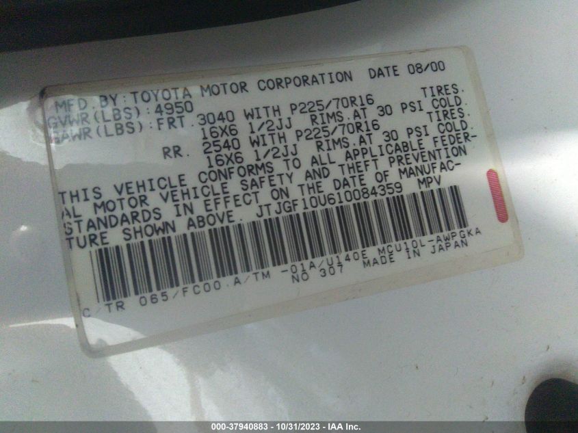 2001 Lexus Rx 300 Base (A4) VIN: JTJGF10U610084359 Lot: 37940883