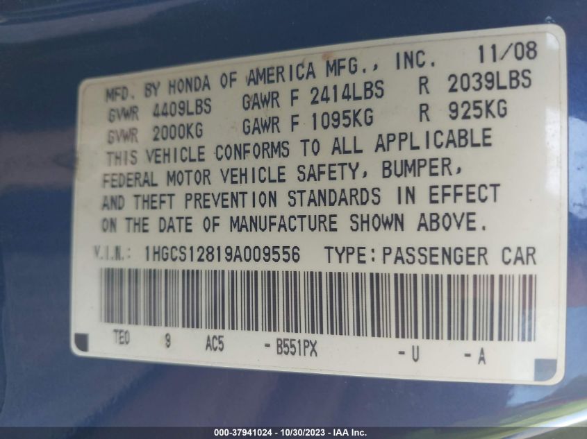 2009 Honda Accord Cpe Ex-L VIN: 1HGCS12819A009556 Lot: 37941024