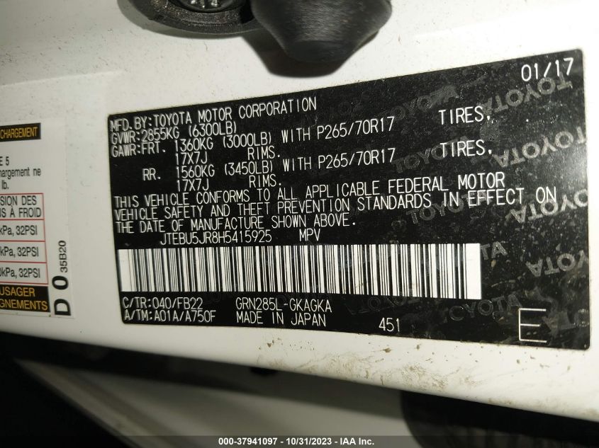 2017 Toyota 4Runner Sr5 VIN: JTEBU5JR8H5415925 Lot: 37941097