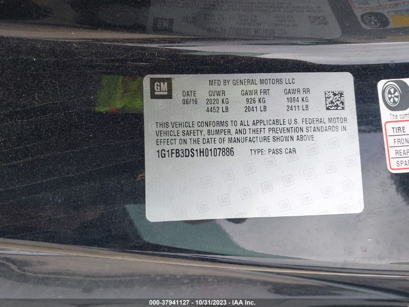 2017 Chevrolet Camaro 1Lt VIN: 1G1FB3DS1H0107886 Lot: 37941127