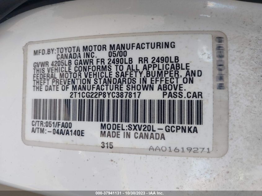 2000 Toyota Camry Solara Se VIN: 2T1CG22P8YC387817 Lot: 37941131