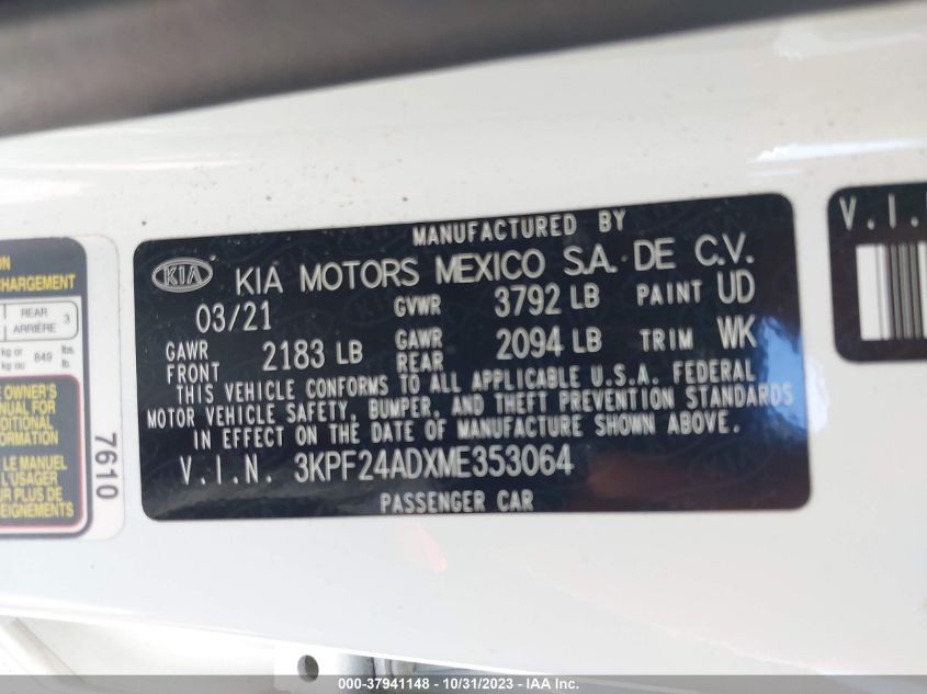 2021 Kia Forte Lxs VIN: 3KPF24ADXME353064 Lot: 37941148