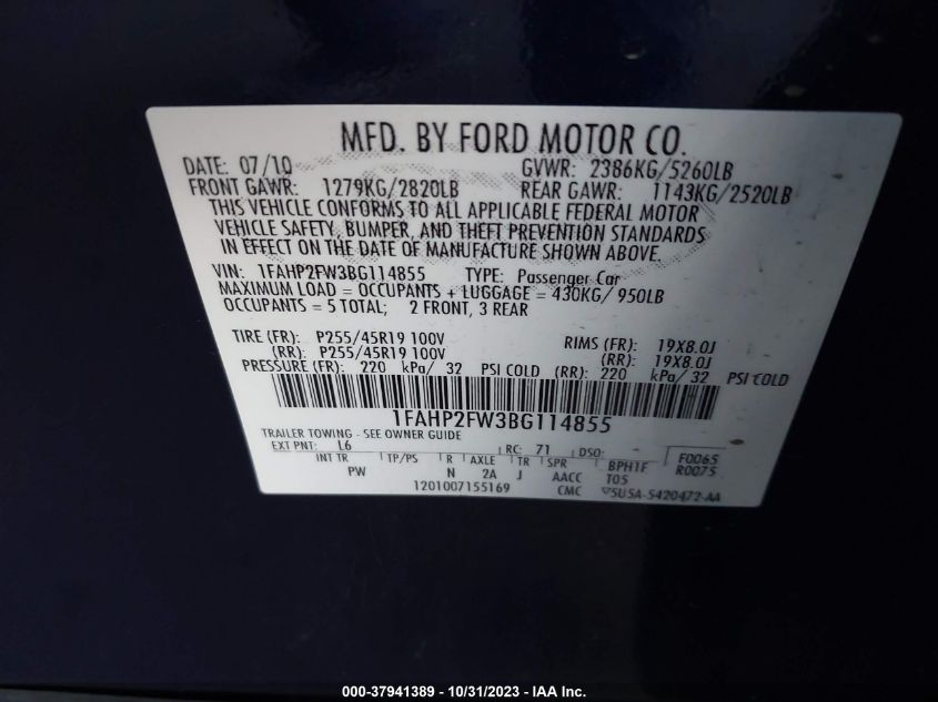 2011 Ford Taurus Limited VIN: 1FAHP2FW3BG114855 Lot: 37941389