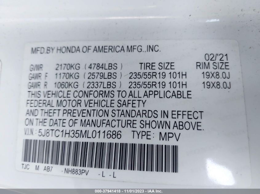 2021 Acura Rdx Standard VIN: 5J8TC1H35ML011686 Lot: 37941418