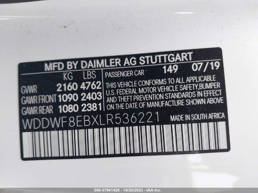 2020 Mercedes-Benz C-Class C 300 VIN: WDDWF8EBXLR536221 Lot: 37941428