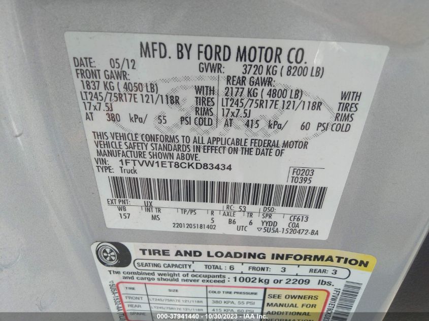 2012 Ford F-150 W/Hd Payload Pkg VIN: 1FTVW1ET8CKD83434 Lot: 37941440