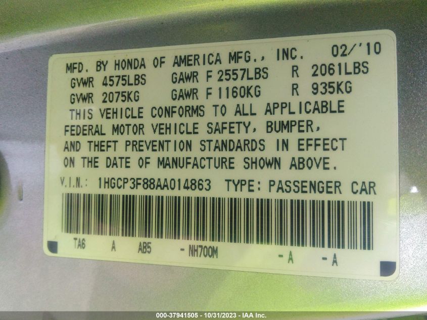 2010 Honda Accord 3.5 Ex-L VIN: 1HGCP3F88AA014863 Lot: 37941505