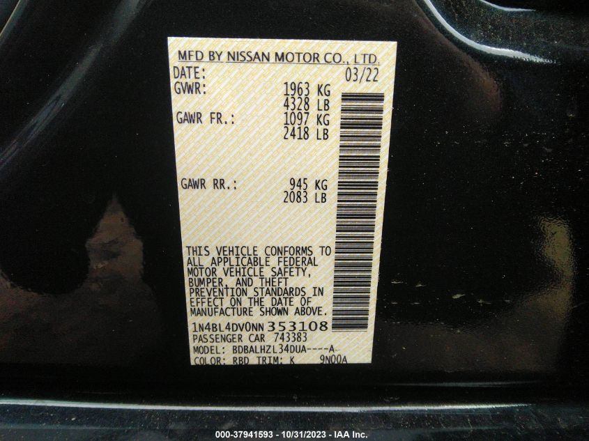 2022 Nissan Altima 2.5 Sv VIN: 1N4BL4DV0NN353108 Lot: 37941593