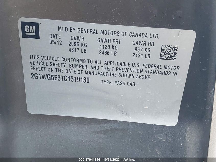 2012 Chevrolet Impala Lt Fleet VIN: 2G1WG5E37C1319130 Lot: 37941656