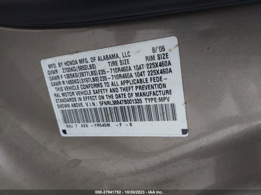 2007 Honda Odyssey Touring VIN: 5FNRL38847B001335 Lot: 37941792