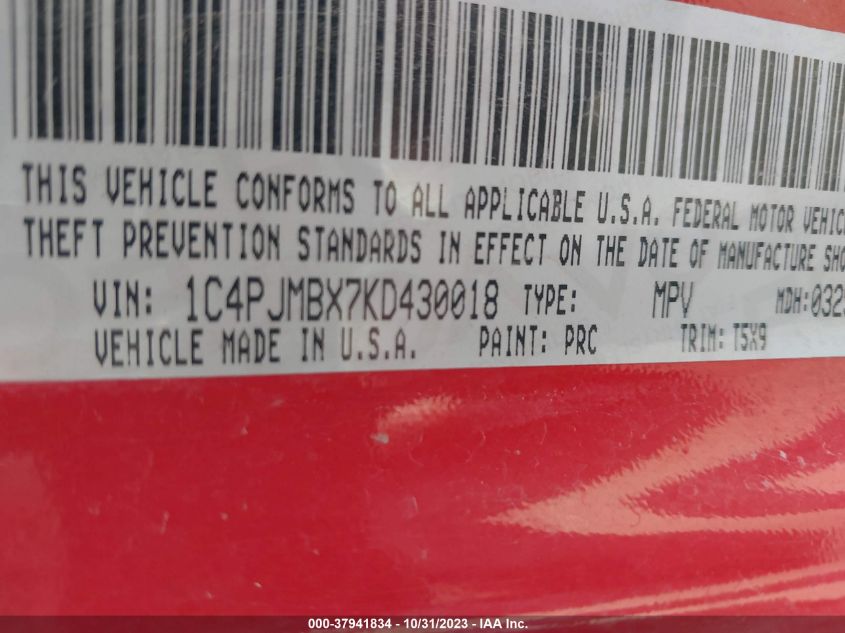 2019 Jeep Cherokee Trailhawk VIN: 1C4PJMBX7KD430018 Lot: 37941834