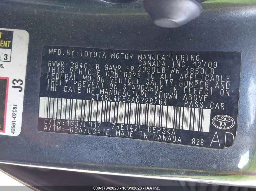 2010 Toyota Corolla VIN: 2T1BU4EE4AC328764 Lot: 37942020