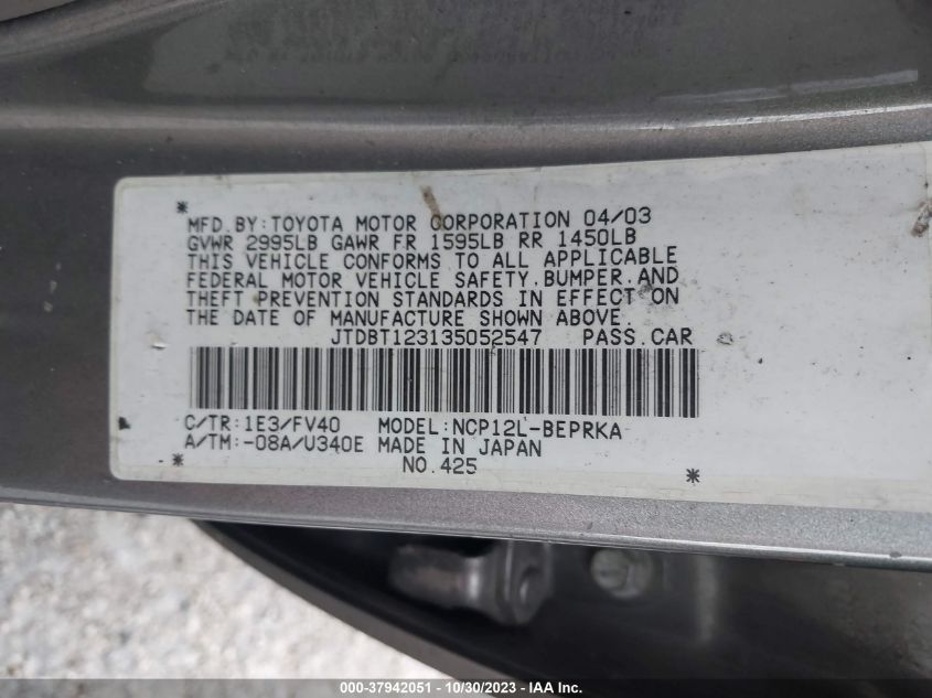 2003 Toyota Echo VIN: JTDBT123135052547 Lot: 37942051