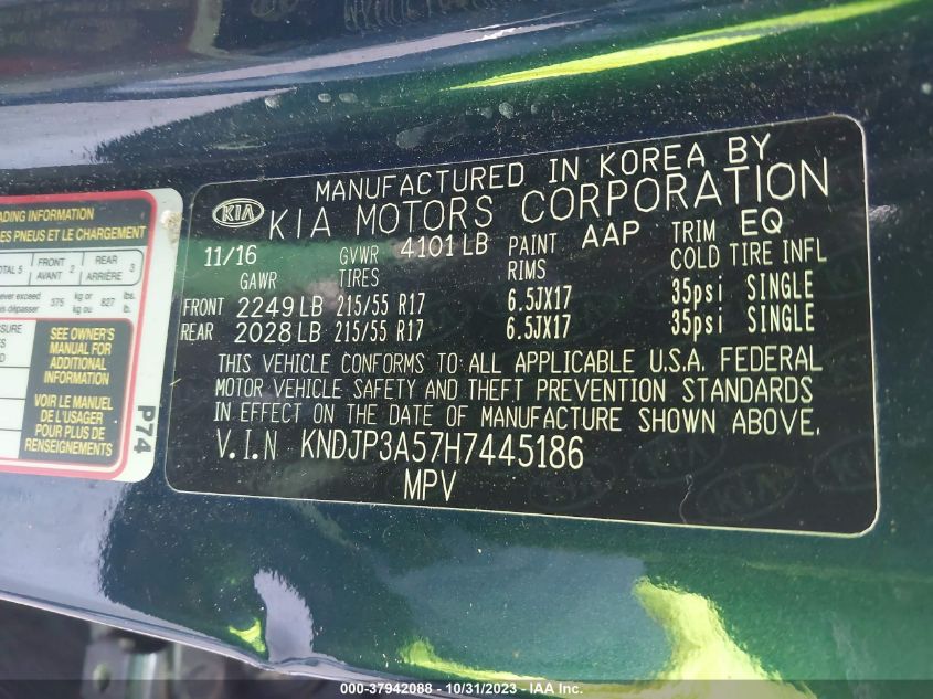 2017 Kia Soul + VIN: KNDJP3A57H7445186 Lot: 37942088