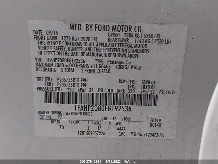 2015 Ford Taurus Se VIN: 1FAHP2D80FG192536 Lot: 37942131