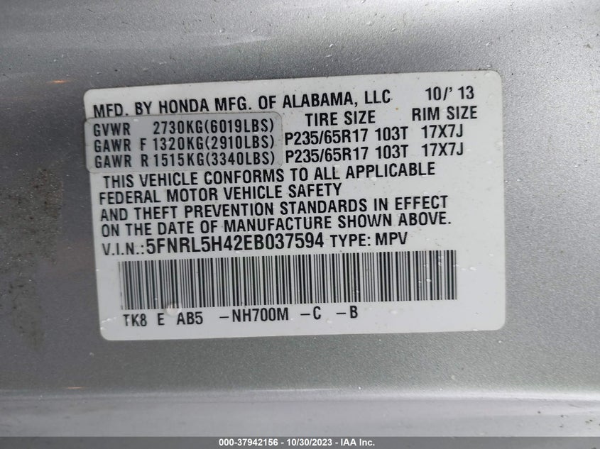 2014 Honda Odyssey Ex VIN: 5FNRL5H42EB037594 Lot: 37942156