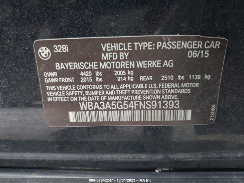 2015 BMW 328I VIN: WBA3A5G54FNS91393 Lot: 37942247