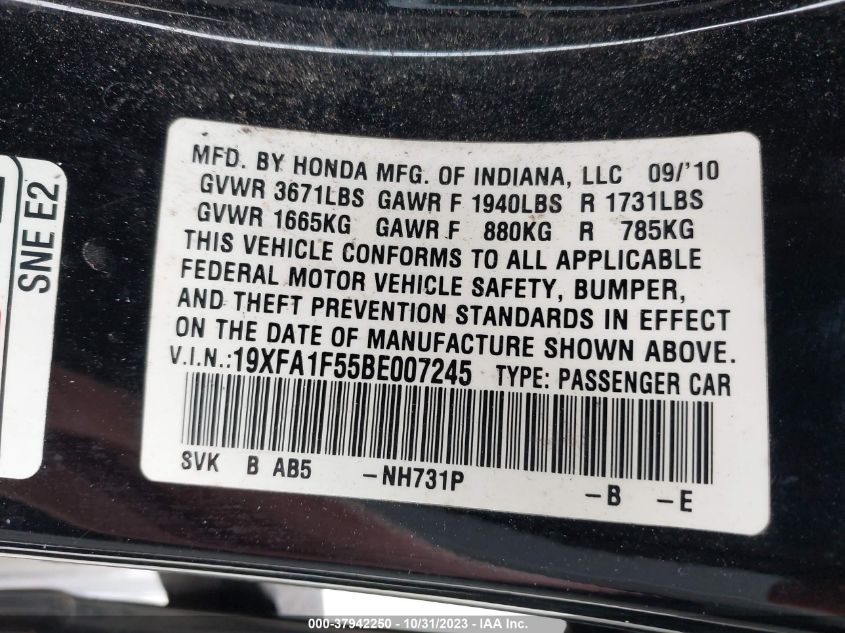 2011 Honda Civic Sdn Lx VIN: 19XFA1F55BE007245 Lot: 37942250