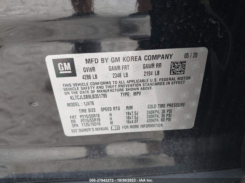 2020 Chevrolet Trax Lt VIN: KL7CJLSB9LB351795 Lot: 37942272