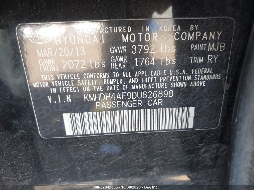 2013 Hyundai Elantra Limited Pzev VIN: KMHDH4AE9DU826898 Lot: 37942356