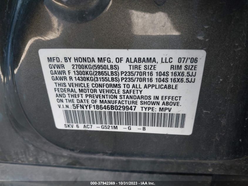 2006 Honda Pilot Ex-L With Res VIN: 5FNYF18646B029947 Lot: 37942369