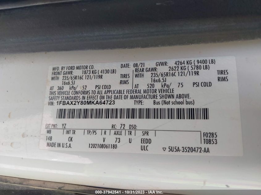 2021 Ford Transit Passenger Wagon Xlt VIN: 1FBAX2Y80MKA64723 Lot: 37942541