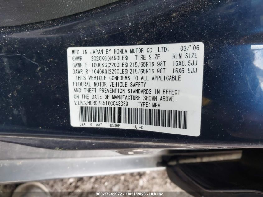 2006 Honda Cr-V Lx VIN: JHLRD78516C043339 Lot: 37942572