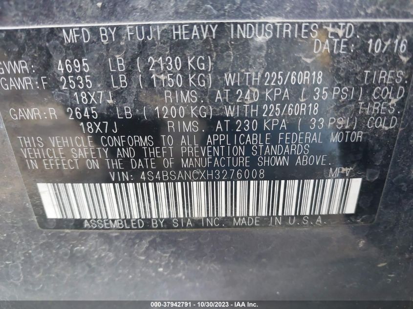 2017 Subaru Outback 2.5I Limited VIN: 4S4BSANCXH3276008 Lot: 37942791