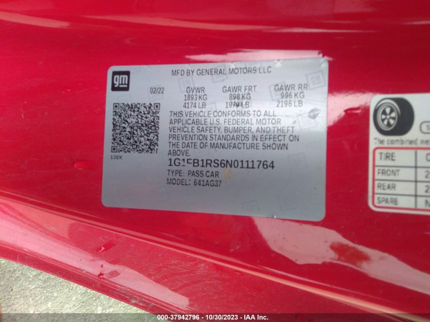 2022 Chevrolet Camaro Rwd 1Lt VIN: 1G1FB1RS6N0111764 Lot: 37942796