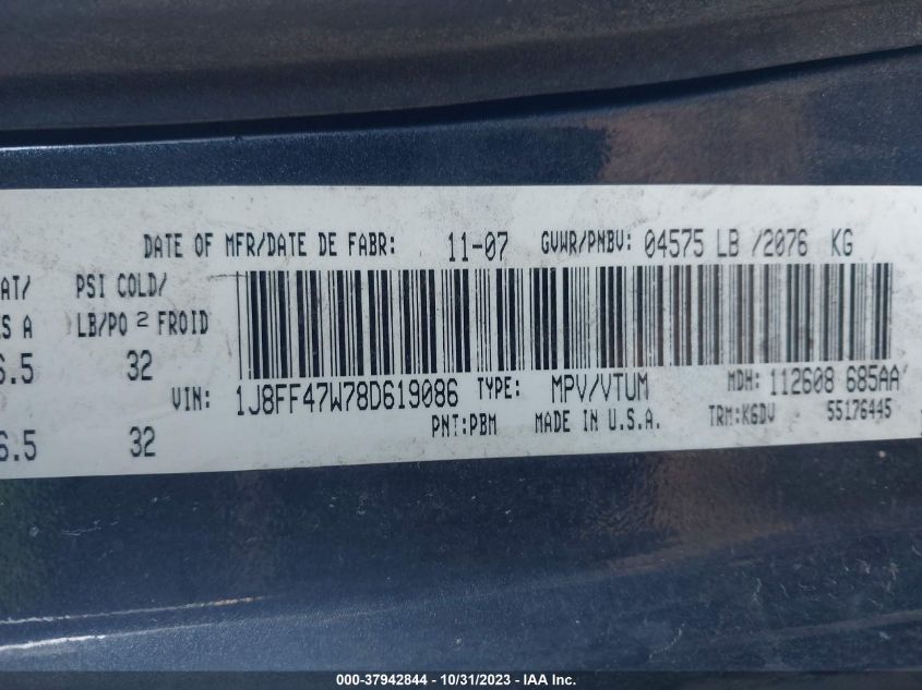 2008 Jeep Compass Sport VIN: 1J8FF47W78D619086 Lot: 37942844