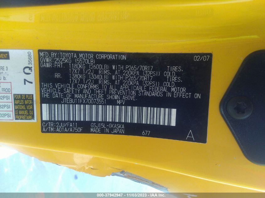 2007 Toyota Fj Cruiser VIN: JTEBU11FX70073551 Lot: 37942947