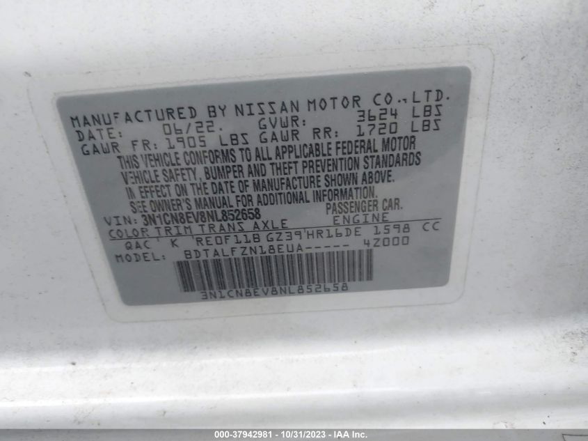 2022 Nissan Versa Sv VIN: 3N1CN8EV8NL852658 Lot: 37942981