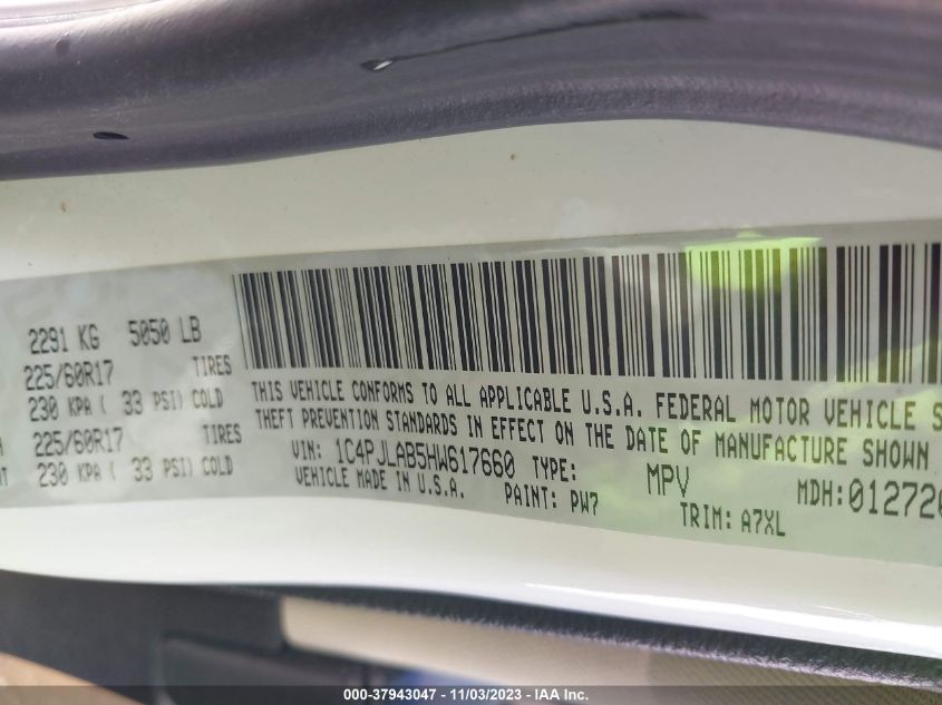 2017 Jeep Cherokee Sport VIN: 1C4PJLAB5HW617660 Lot: 37943047