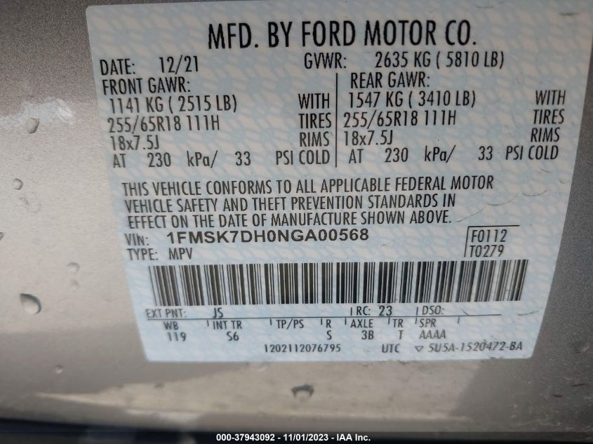 2022 Ford Explorer Xlt VIN: 1FMSK7DH0NGA00568 Lot: 37943092