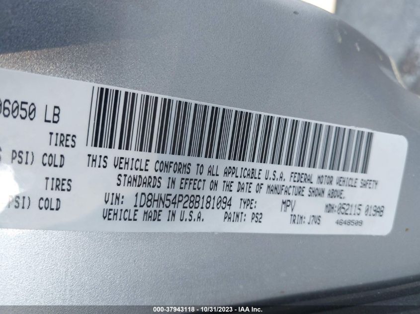 2008 Dodge Grand Caravan Sxt VIN: 1D8HN54P28B181094 Lot: 37943118