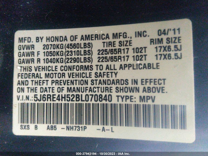 2011 Honda Cr-V Ex VIN: 5J6RE4H52BL070840 Lot: 37943194