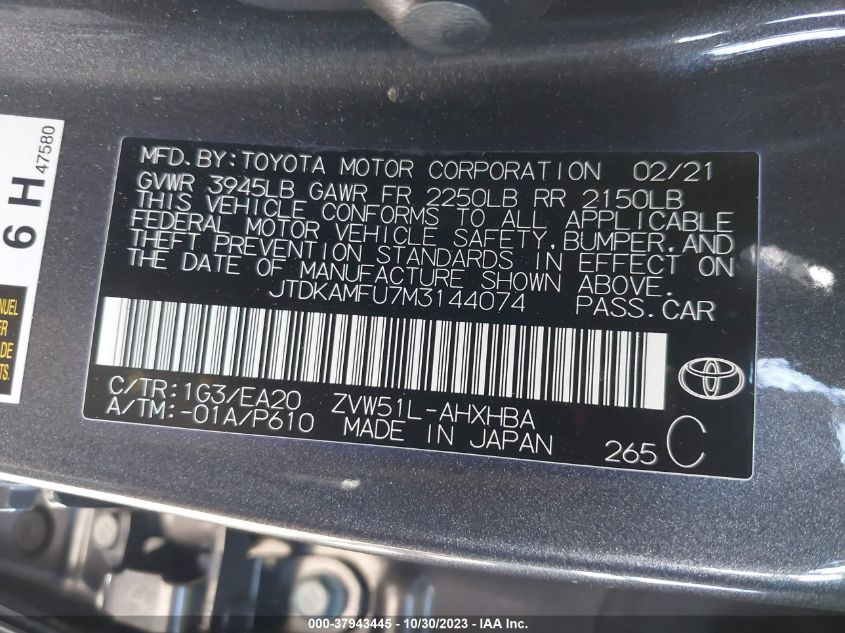2021 Toyota Prius Xle VIN: JTDKAMFU7M3144074 Lot: 37943445