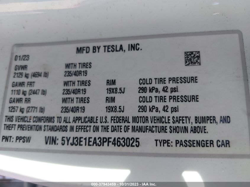 2023 Tesla Model 3 Rear-Wheel Drive VIN: 5YJ3E1EA3PF463025 Lot: 37943459