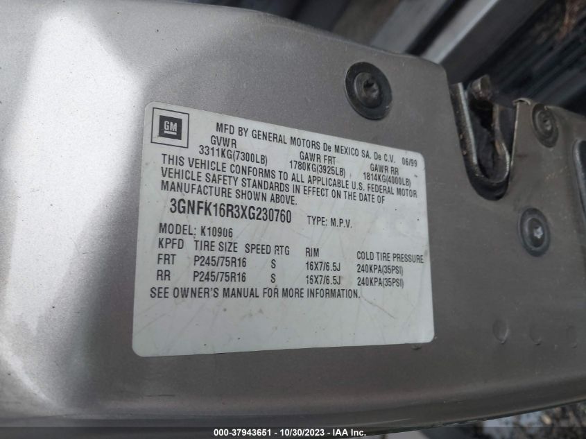 1999 Chevrolet Suburban VIN: 3GNFK16R3XG230760 Lot: 37943651