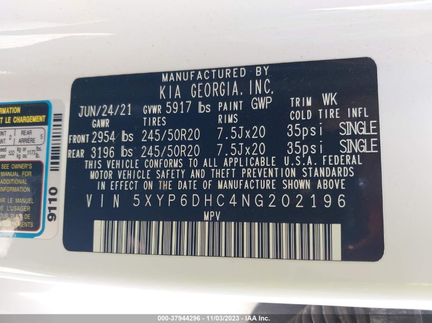 2022 Kia Telluride S VIN: 5XYP6DHC4NG202196 Lot: 37944296