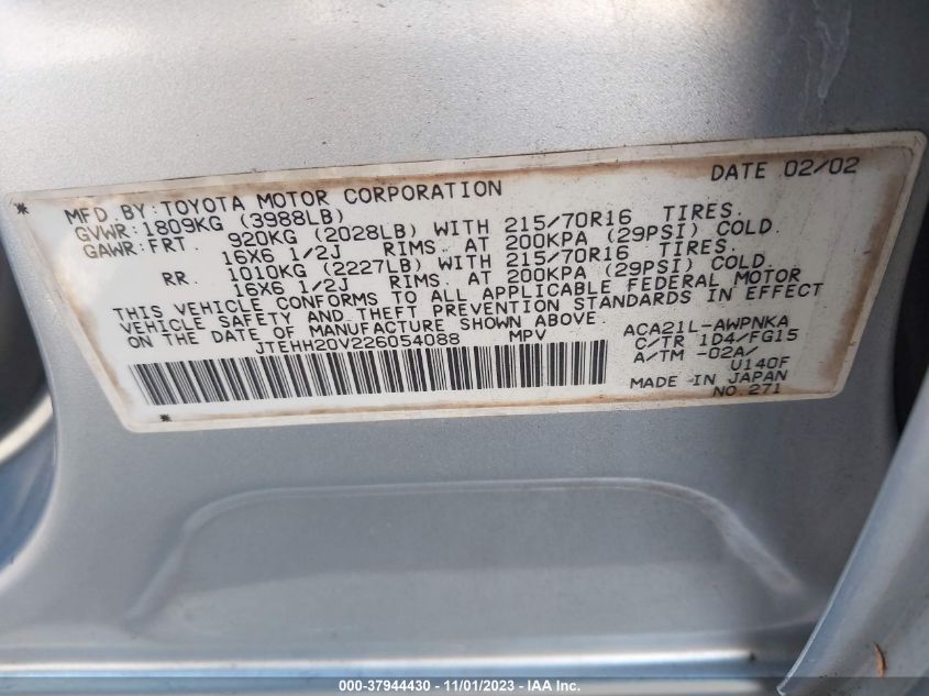 2002 Toyota Rav4 VIN: JTEHH20V226054088 Lot: 37944430