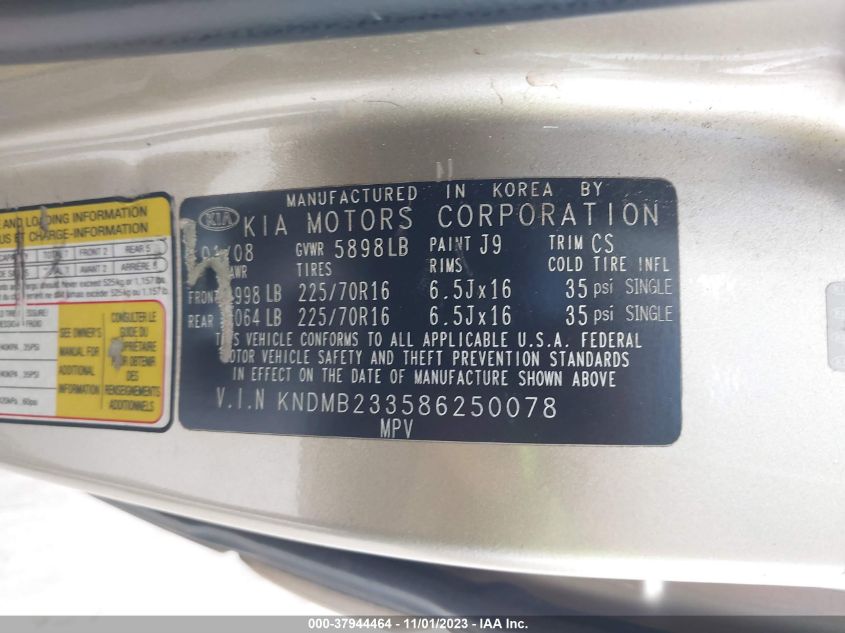 2008 Kia Sedona Lx VIN: KNDMB233586250078 Lot: 37944464