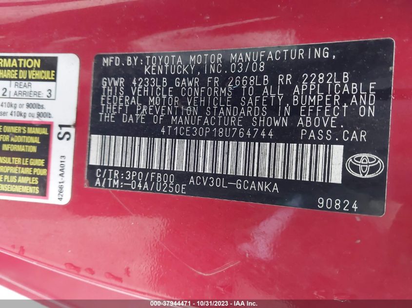 2008 Toyota Camry Solara Se VIN: 4T1CE30P18U764744 Lot: 37944471