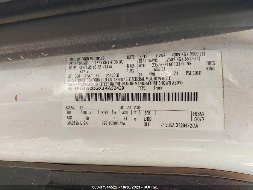 2018 Ford Transit-350 VIN: 1FTBW2CGXJKA52429 Lot: 37944522