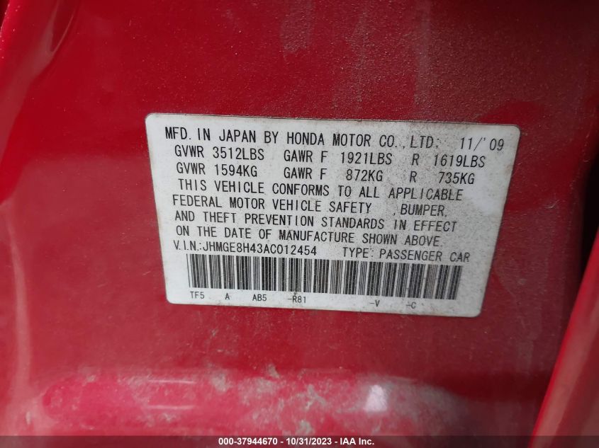 2010 Honda Fit Sport VIN: JHMGE8H43AC012454 Lot: 37944670