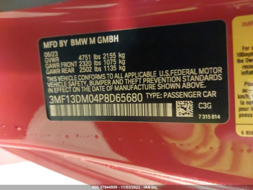 2023 BMW M2 VIN: 3MF13DM04P8D65680 Lot: 37944959