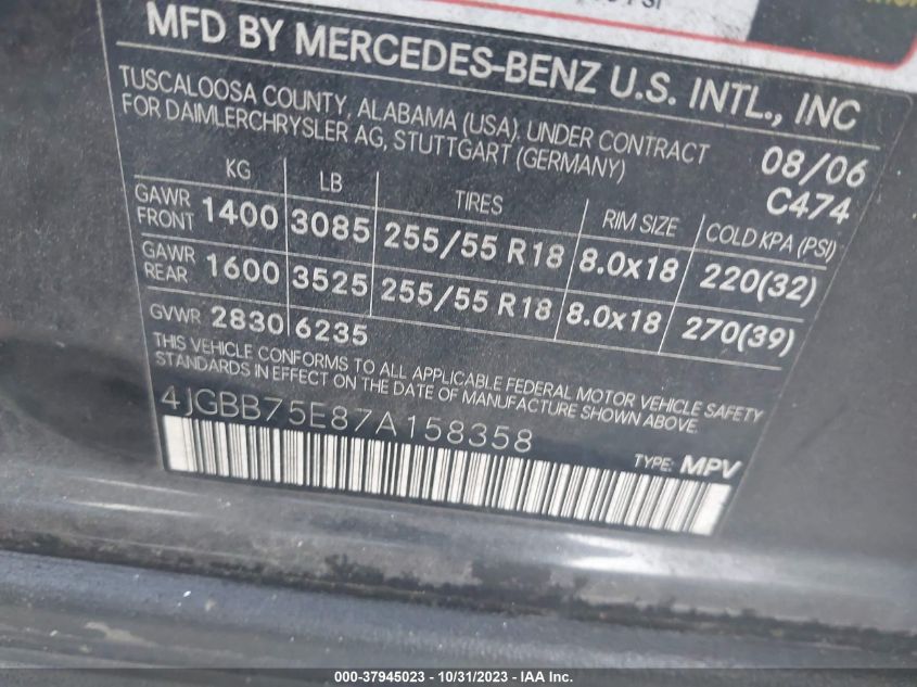 2007 Mercedes-Benz M-Class 5.0L VIN: 4JGBB75E87A158358 Lot: 37945023