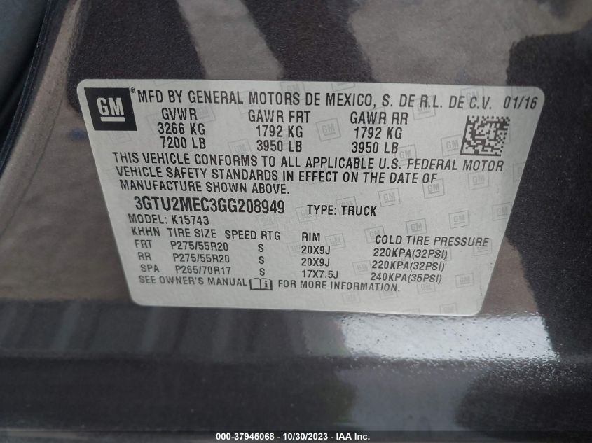 2016 GMC Sierra 1500 Sle VIN: 3GTU2MEC3GG208949 Lot: 37945068