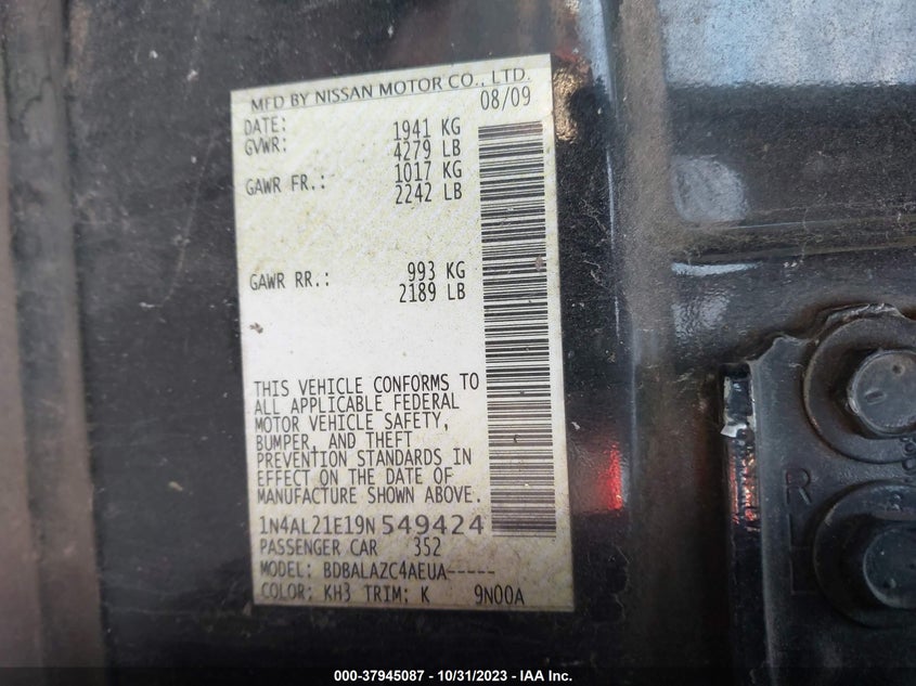 2009 Nissan Altima 2.5 VIN: 1N4AL21E19N549424 Lot: 37945087